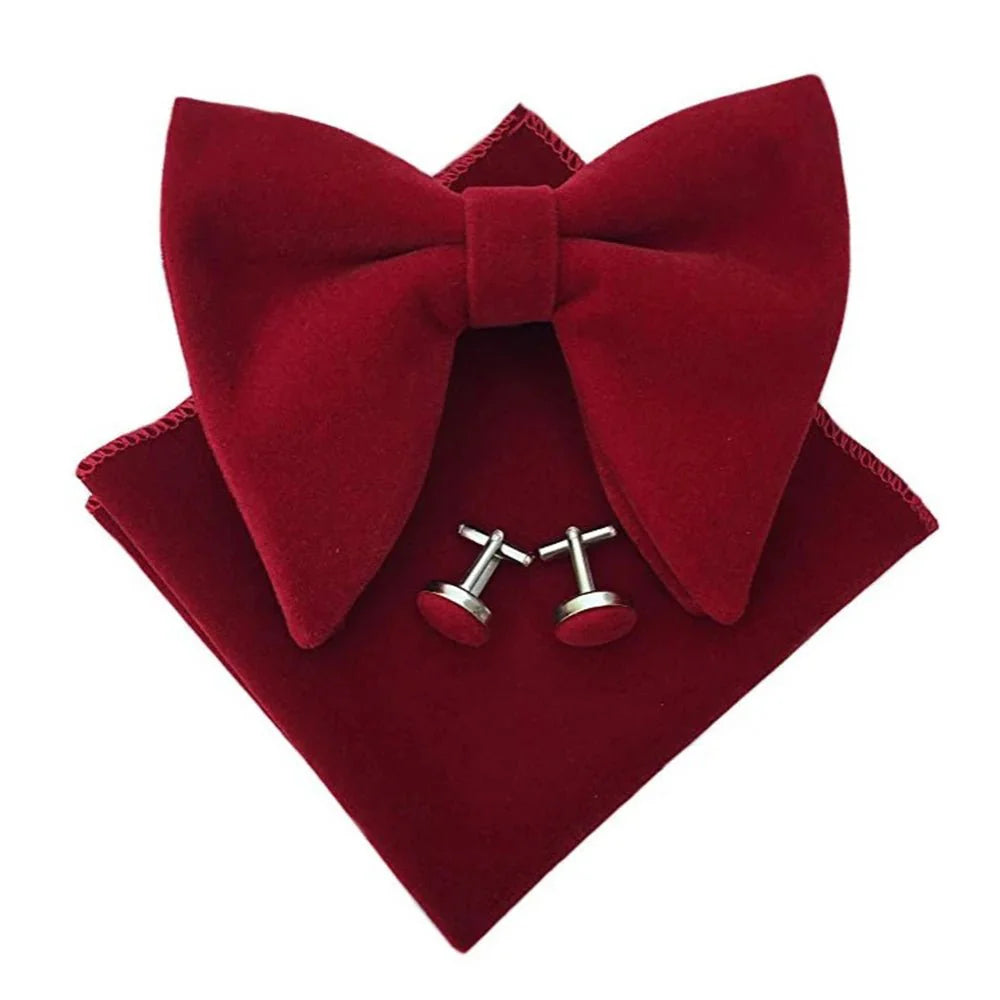 Velvet bow tie set for men with matching pocket square and cufflinks, stylish accessory for formal events and parties.