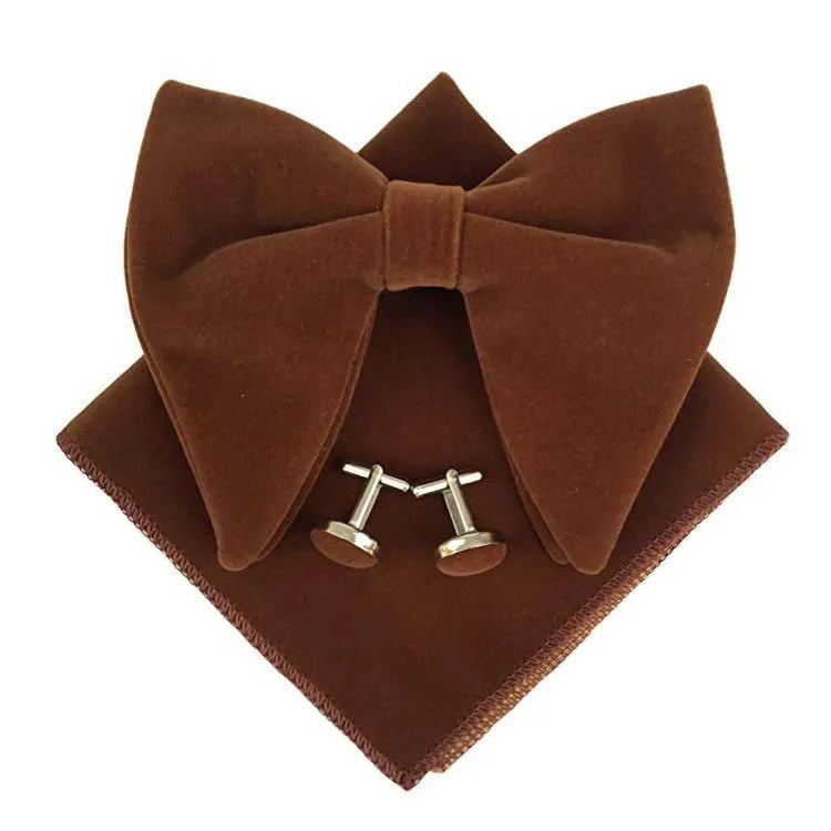 Velvet bow tie set for men featuring a large bow tie, matching pocket square, and cufflinks, ideal for formal events and parties.