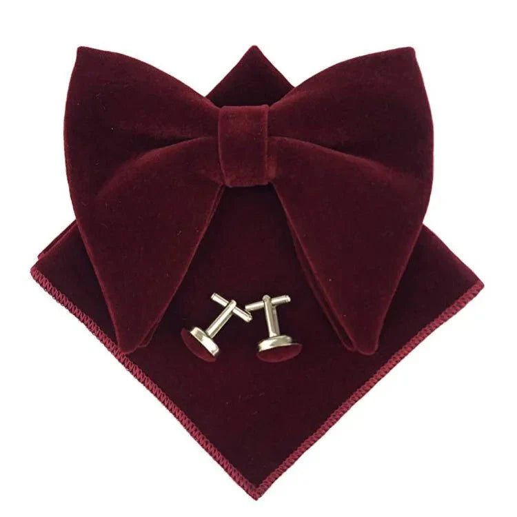Showlu Fashion velvet bow tie set with large bow, matching pocket square and cufflinks for men, suitable for formal occasions.