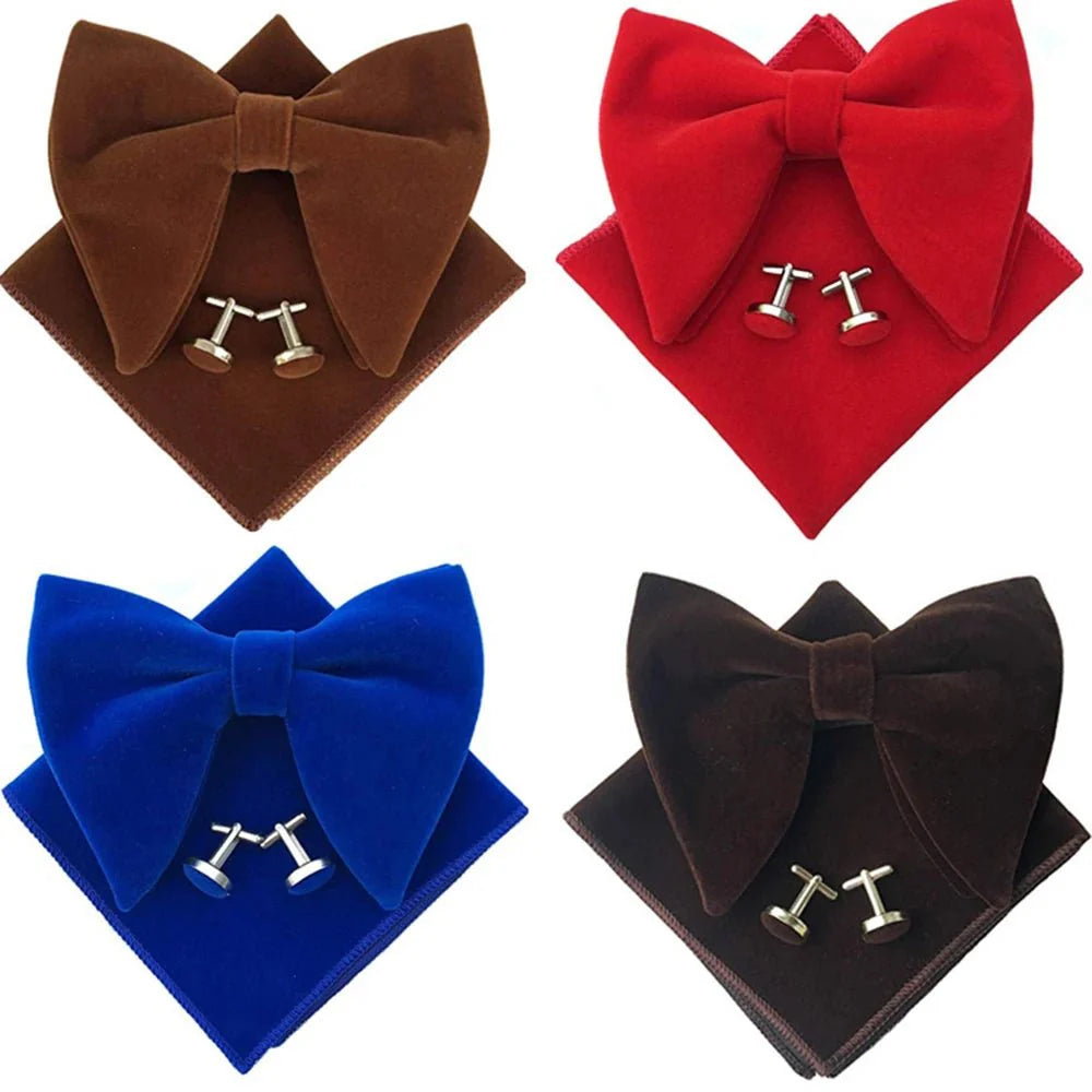 Showlu Fashion velvet bow tie set with matching pocket square and cufflinks, stylish accessories for men and women at formal events