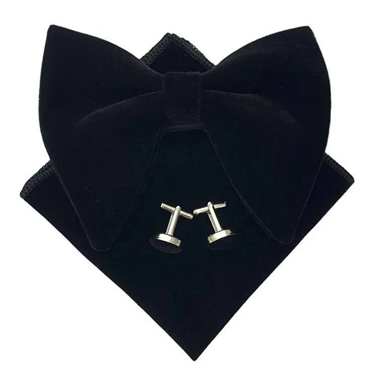 Showlu Fashion velvet bow tie set with matching pocket square and cufflinks, stylish accessories for men and women at formal events.
