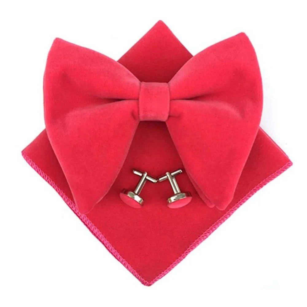 Velvet bow tie set with pocket square and cufflinks from Showlu Fashion, perfect for men's formal and wedding attire.
