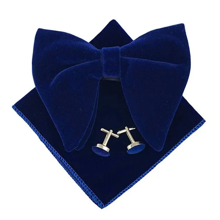 Showlu Fashion velvet bow tie set with matching pocket square and cufflinks, stylish accessories for men's formal wear.