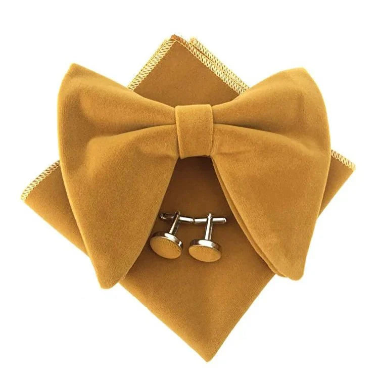 Showlu Fashion velvet bow tie set with matching pocket square and cufflinks, stylish accessories for men and women at formal events.