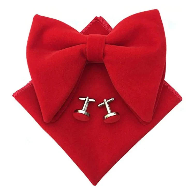 Showlu Fashion velvet bow tie set with pocket square and cufflinks, featuring a large bowknot for men's formal or wedding attire.
