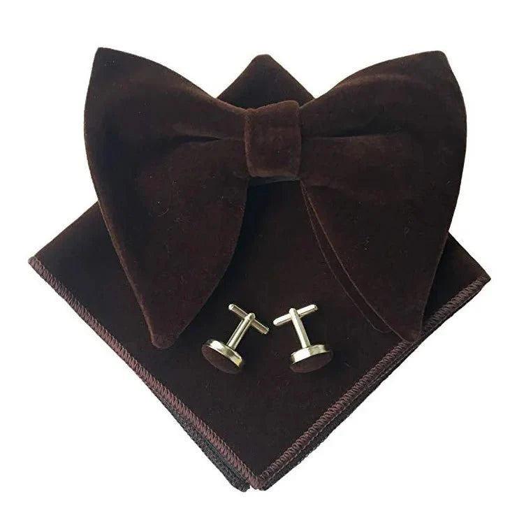 Velvet bow tie set including pocket square and cufflinks by Showlu Fashion, elegant accessories for men and women.