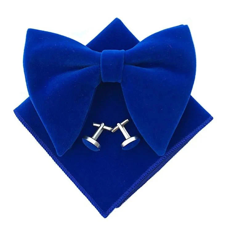 Velvet bow tie set for men with matching pocket square and cufflinks, stylish accessories for formal events and weddings.