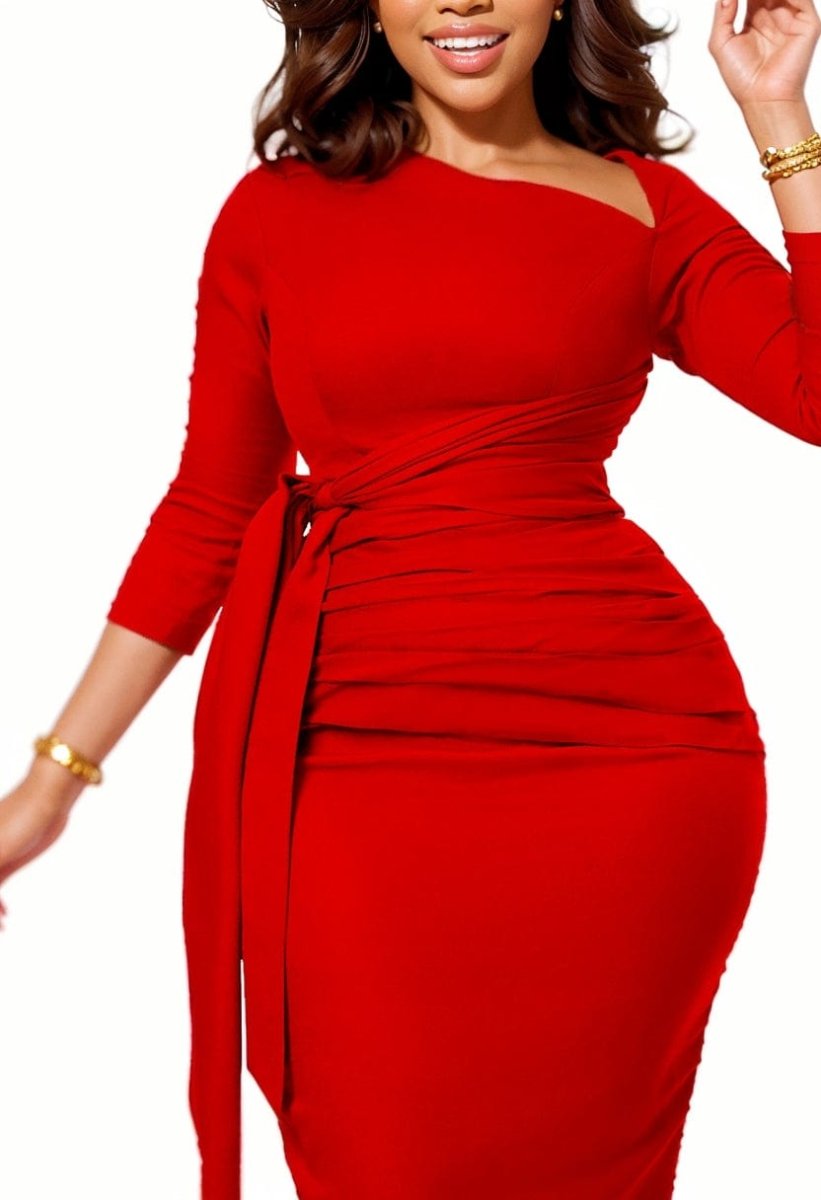 Showlu Women's Plus Size Red OL Party Dress in 3XL with a fitted pencil skirt, perfect for formal or office occasions.