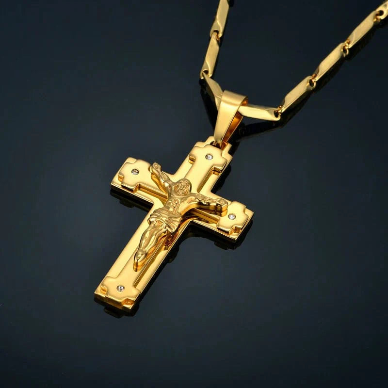 Men's stainless steel Jesus crucifix cross pendant necklace in gold color, featuring a detailed Christian jewelry design.