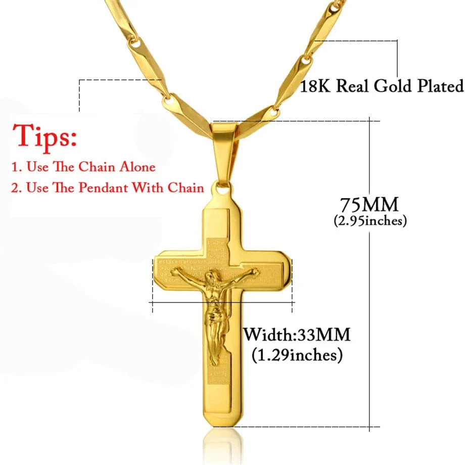 Men's stainless steel Jesus crucifix cross pendant necklace in gold color, featuring a detailed Christian jewelry design.