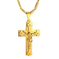 Men's stainless steel Jesus crucifix necklace with gold-tone cross pendant, showing detailed Christian jewelry design.