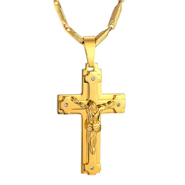 Men's stainless steel Jesus crucifix necklace with gold-tone cross pendant, showing detailed Christian jewelry design.