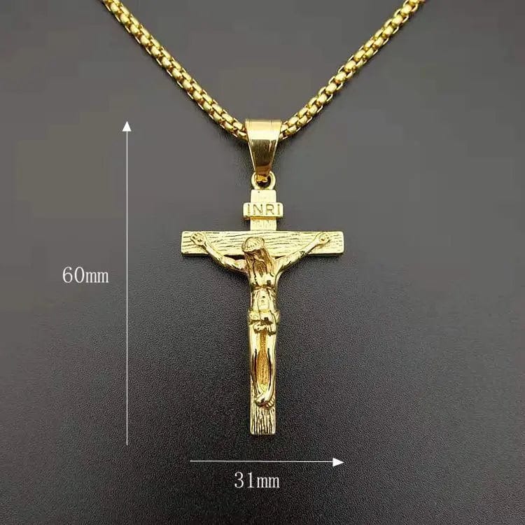 Men's stainless steel Jesus crucifix cross pendant necklace in gold color, featuring a detailed Christian religious design.