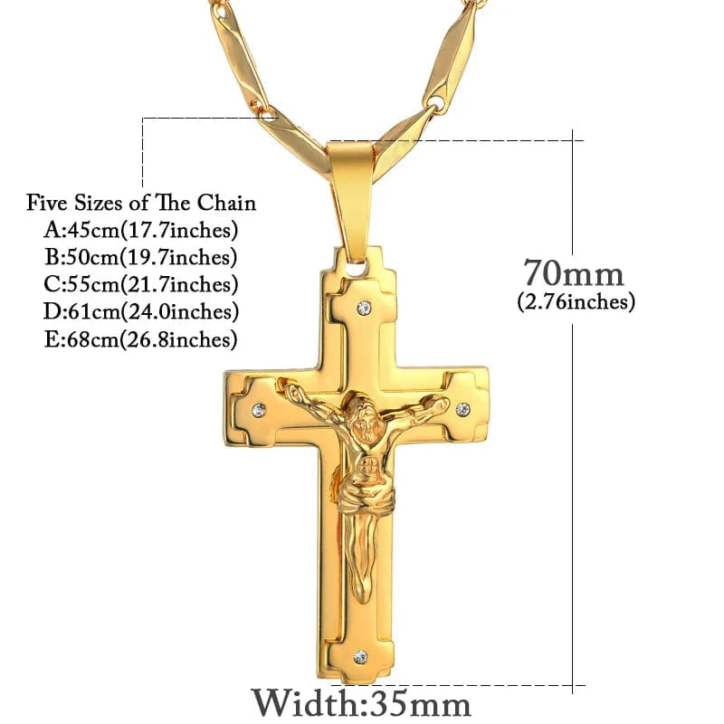 Men's stainless steel Jesus crucifix cross pendant necklace in gold color, featuring a detailed Christian jewelry design.