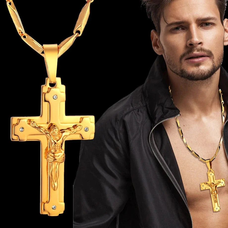 Stainless steel Jesus crucifix cross pendant necklace for men in gold color, featuring a detailed Christian jewelry design.