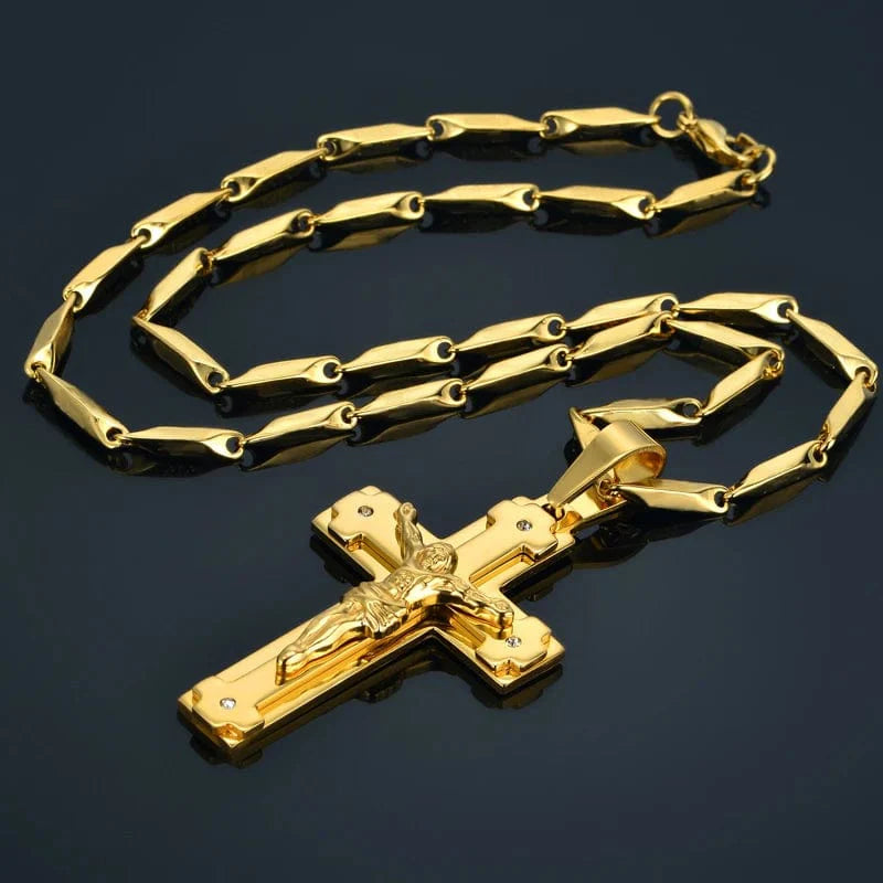 Men's stainless steel Jesus crucifix cross pendant necklace in gold color, featuring a detailed Christian jewelry design.