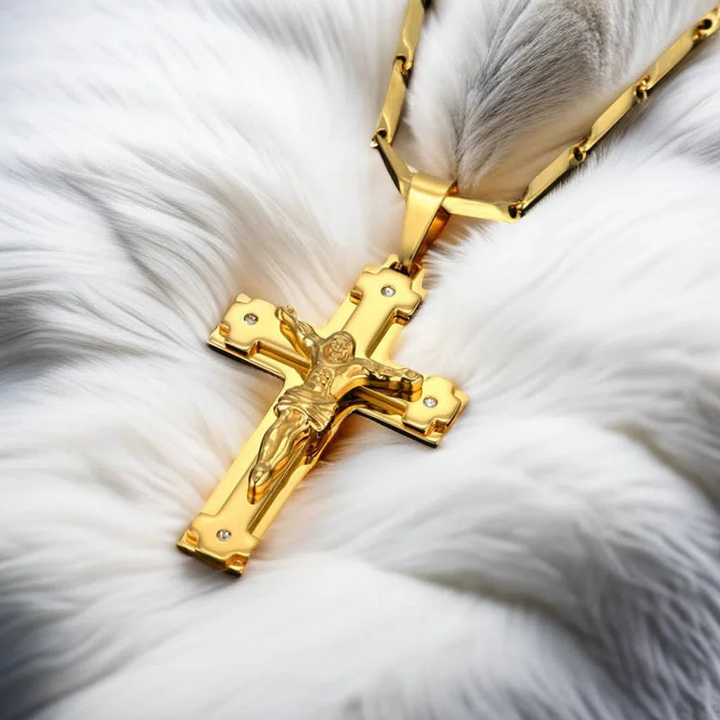 Men's stainless steel Jesus crucifix cross pendant necklace in gold color, featuring a detailed Christian jewelry design.
