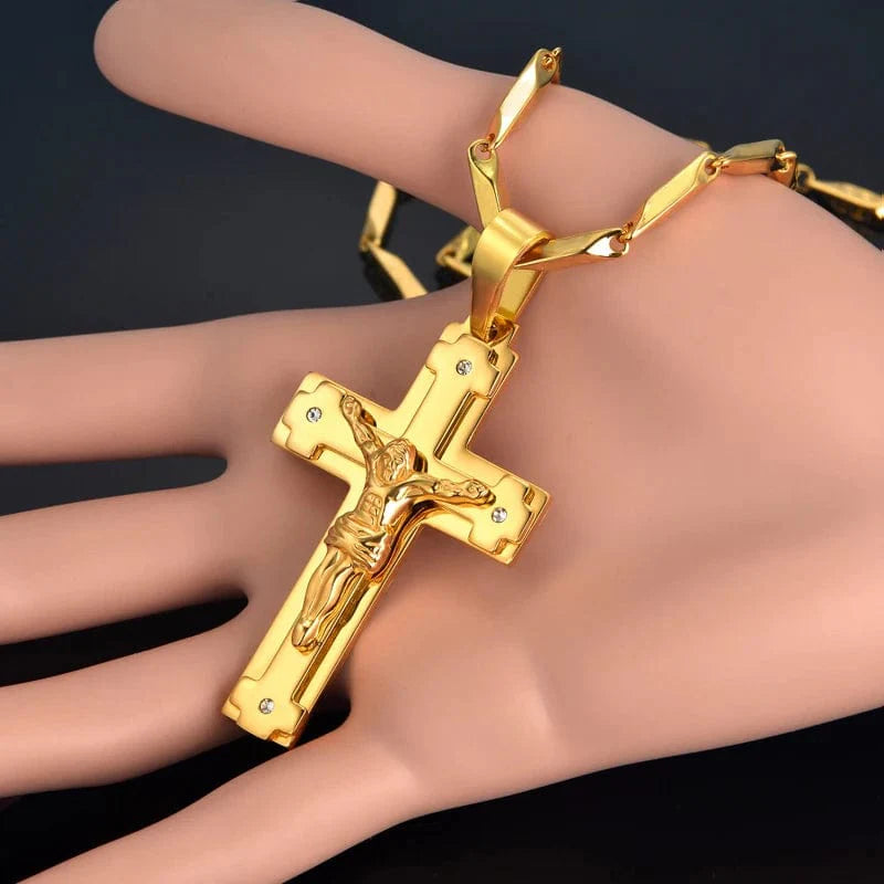 Stainless steel Jesus crucifix pendant necklace for men, gold color, large Christian jewelry with cross design and chain.