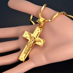 Big Stainless Steel Necklace Chain 4 Size Gold Color Christian Jewelry Jesus Crucifix Men's Cross Pendant Necklace For Men xl999 - SHOWLU FASHION STORE