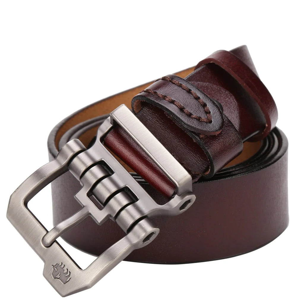 Bison Denim men's cowskin leather belt with vintage buckle, stylish waist strap for business or casual jeans, high-quality craftsmanship
