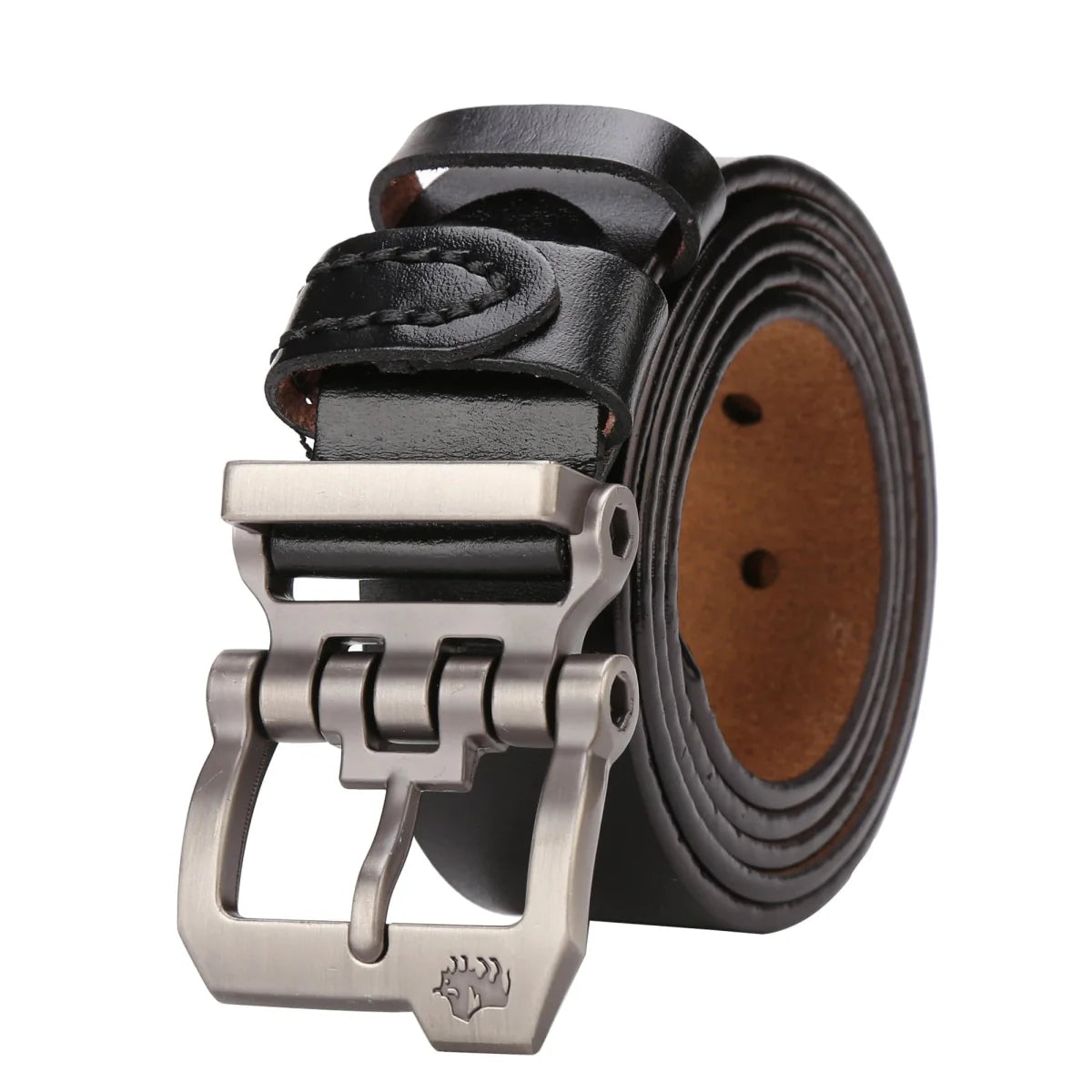 Bison Denim men's cowskin leather belt with vintage buckle, stylish waist strap for jeans and business wear.