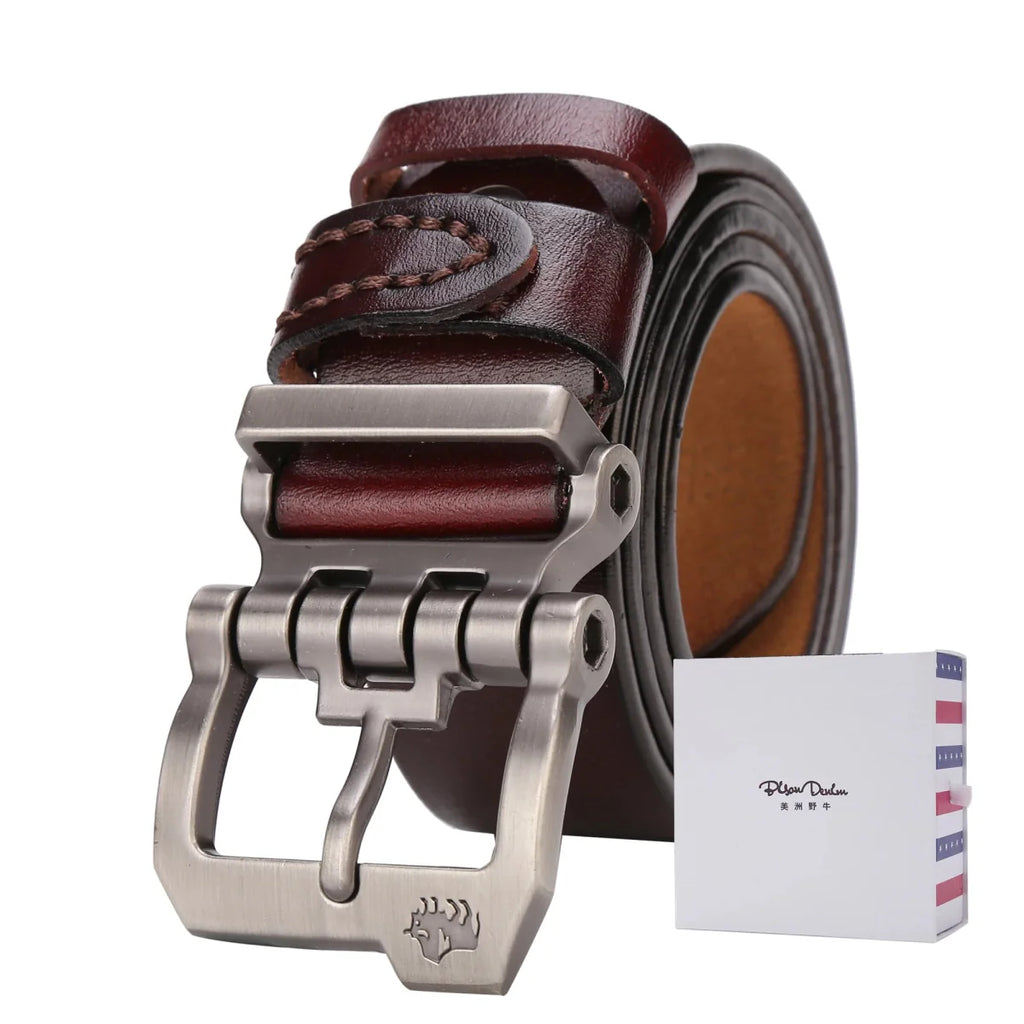Bison Denim men's cowskin leather belt with vintage buckle, high-quality genuine leather waist strap for business or casual wear