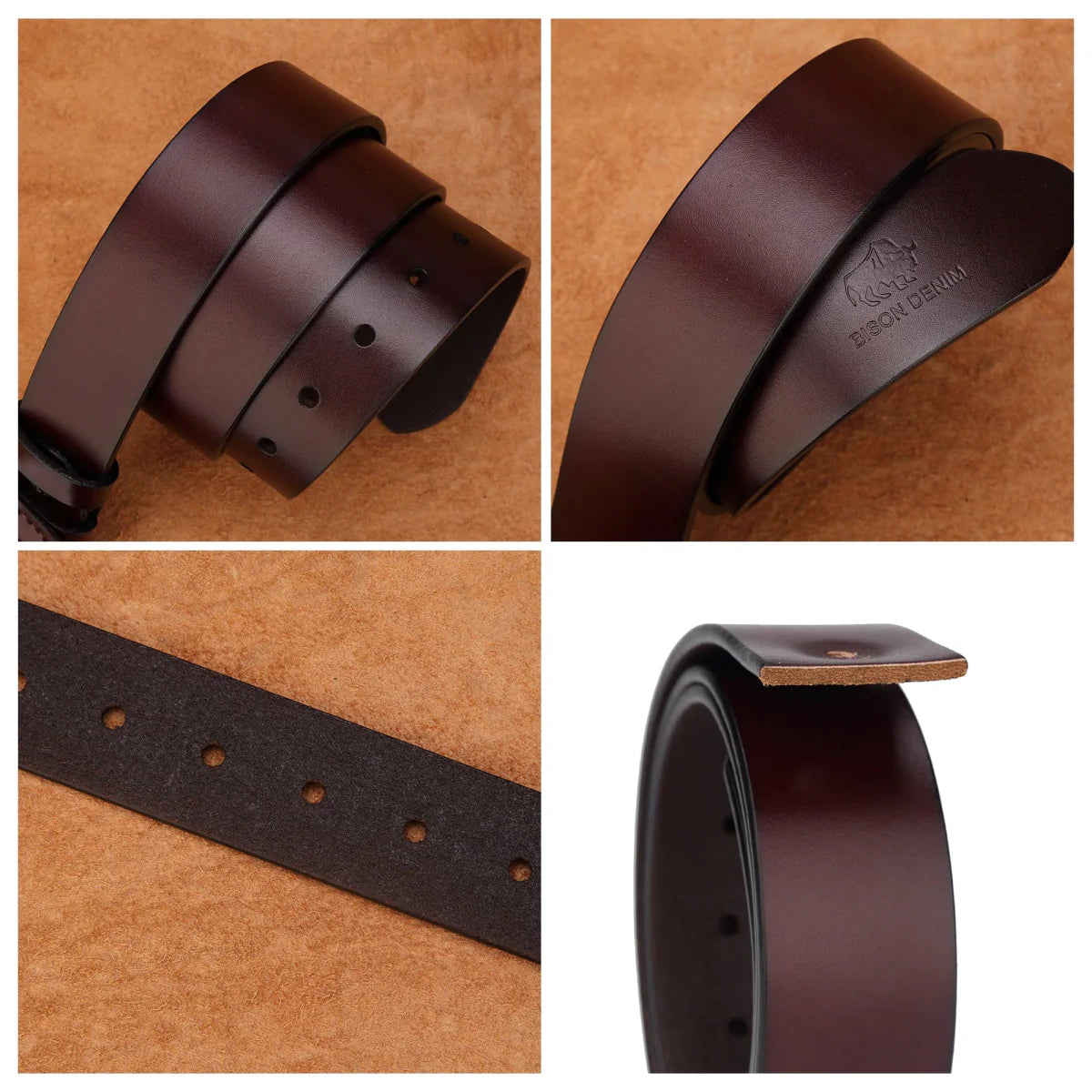 Bison Denim men's genuine cowskin leather belt with vintage buckle, stylish business waist strap for jeans and casual wear.