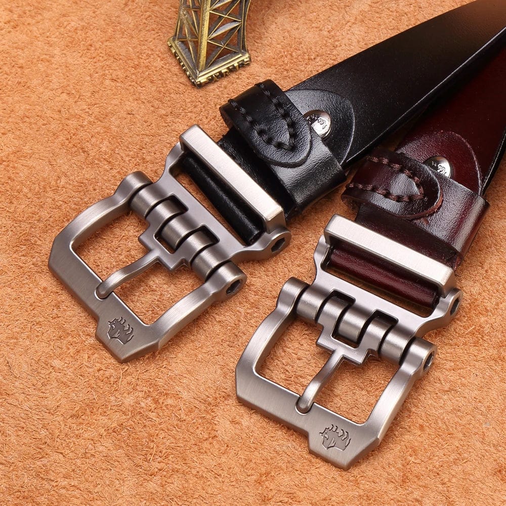 Genuine cowskin leather men's belt with vintage brown strap and metal buckle, styled for casual or jeans wear.