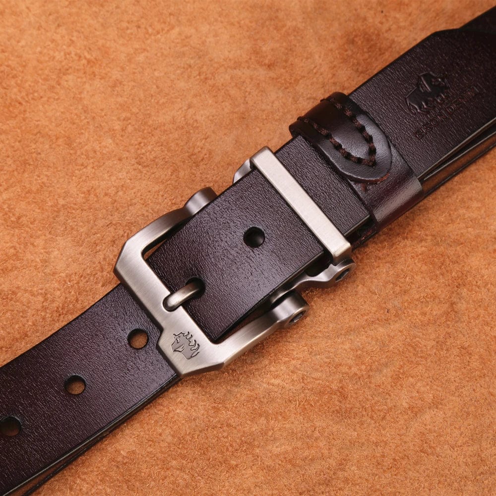 Men's Bison Denim genuine cowskin leather belt in vintage brown with a metal buckle, showcasing durable and stylish craftsmanship.