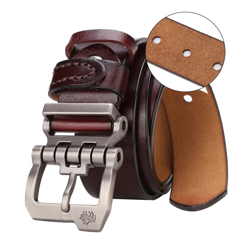 Bison Denim men's genuine cowskin leather belt with vintage brown strap and metal buckle, suitable for casual and jeans wear.