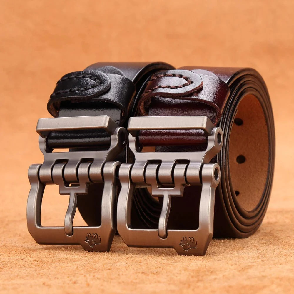 Vintage brown Bison Denim men's genuine cowskin leather belt with metal buckle, stylish and durable for everyday wear.