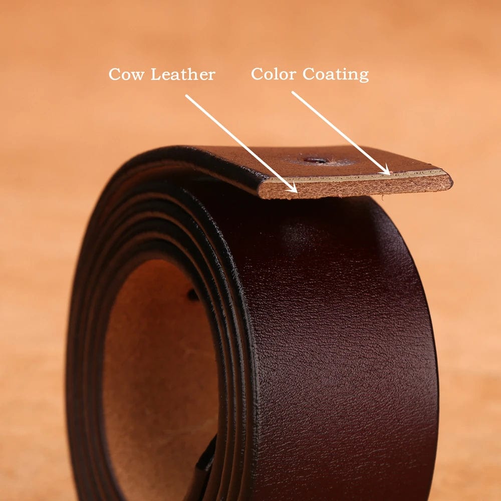 Genuine cowskin leather men's belt with vintage brown strap and metal buckle, featuring Bison Denim branding and classic style.
