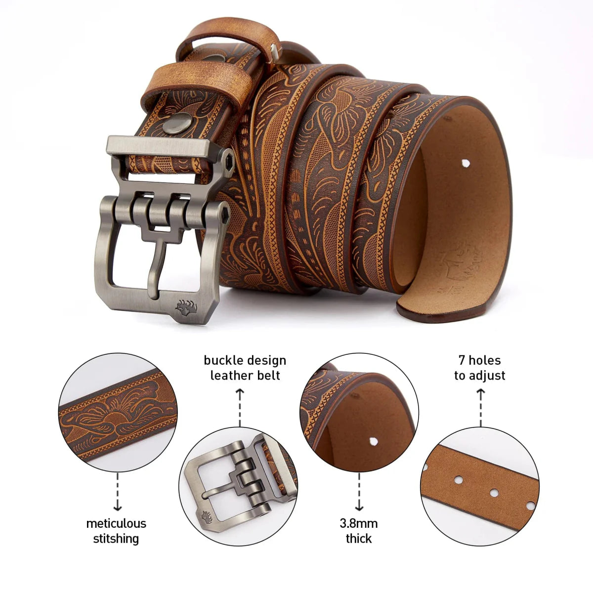 Vintage Bison Denim men's genuine leather belt with a pin buckle, casual style, high-quality waist strap for jeans.
