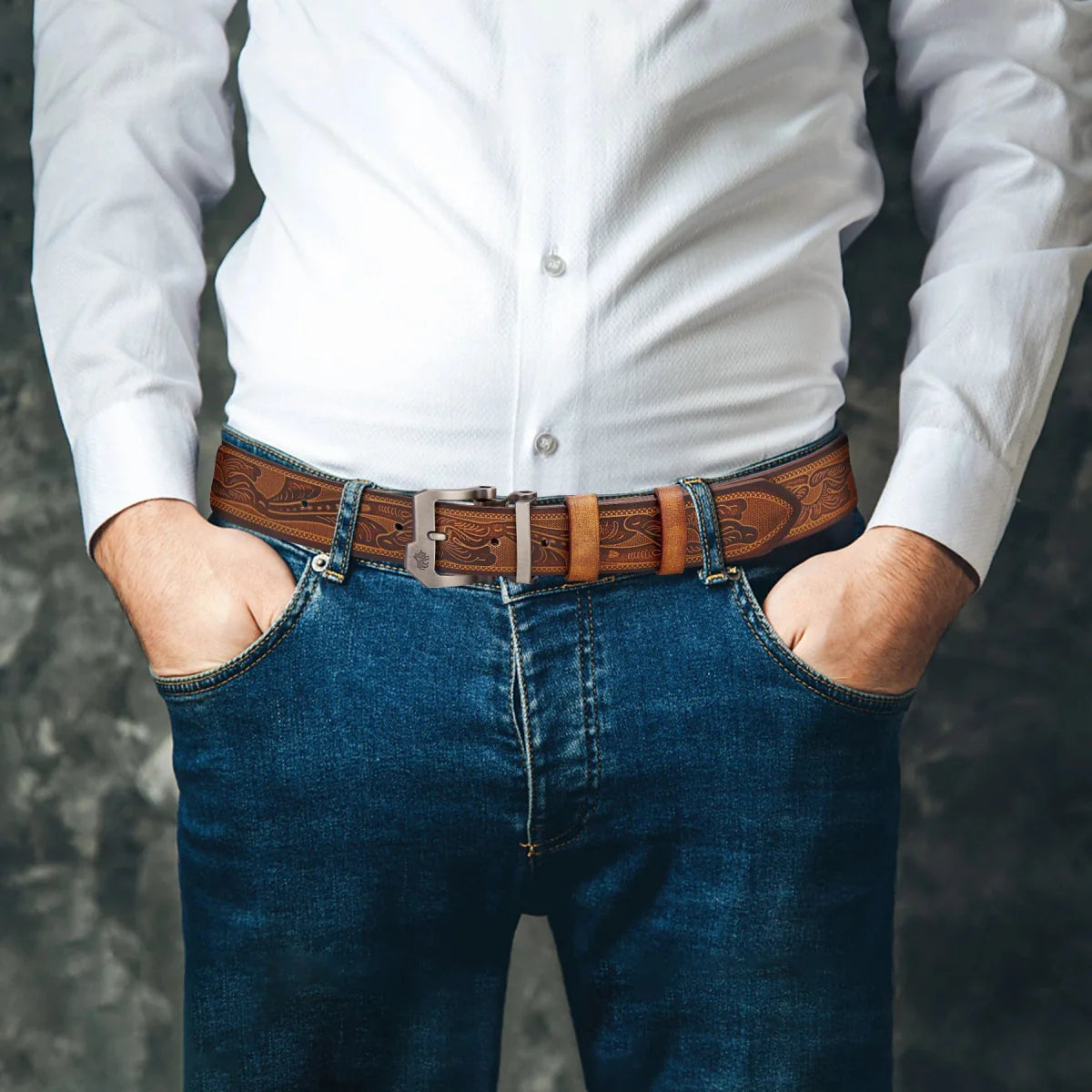 Vintage Bison Denim men's genuine leather belt with pin buckle, casual cowhide strap, stylish and durable for jeans.