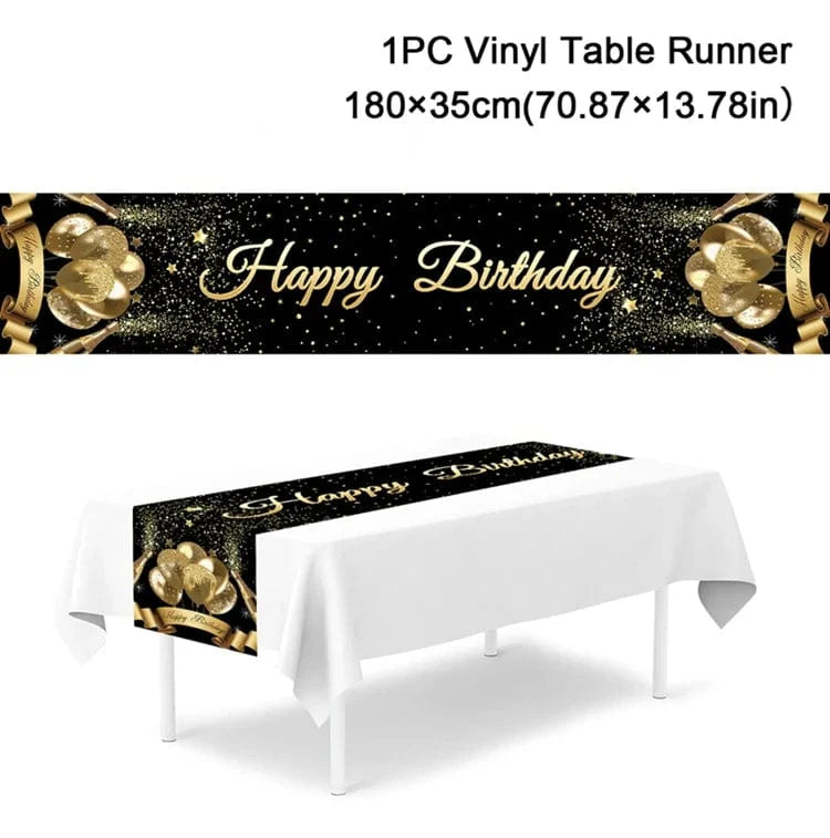 Black and gold Showlu birthday table runner made of polyester, perfect for kids and adults' party decorations and home celebration decor.