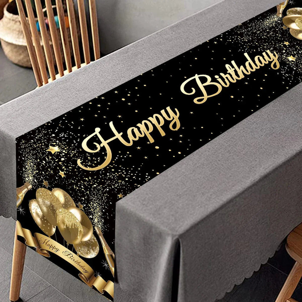 Black and gold Happy Birthday table runner by Showlu Fashion Store, polyester party decor for kids and adults, perfect for birthday celebrations.