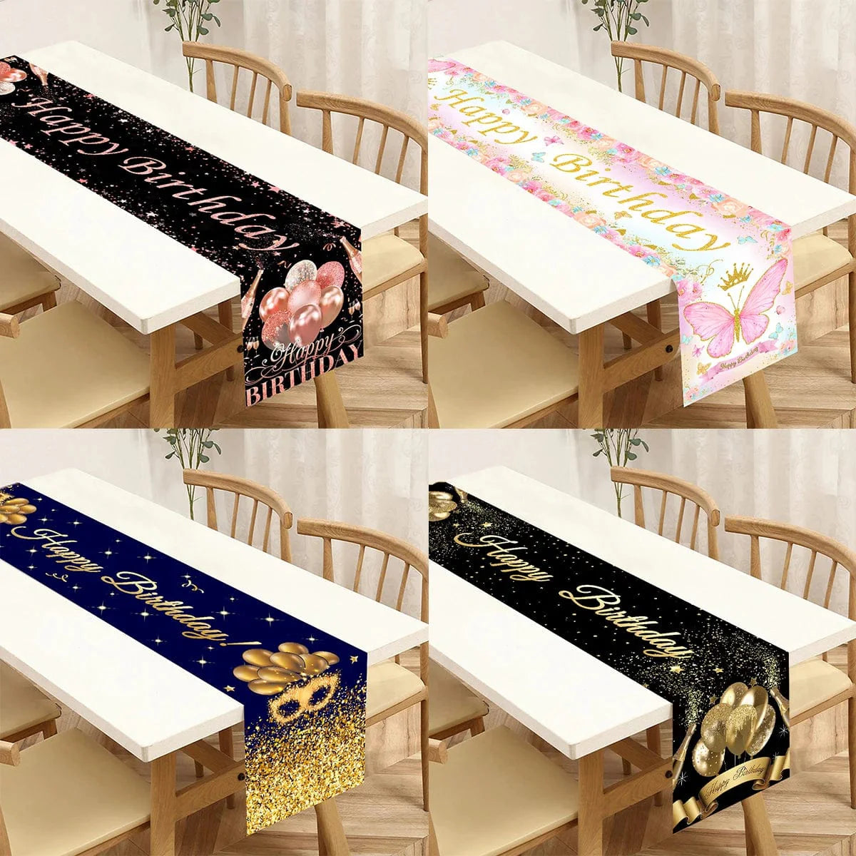 Black and gold Showlu birthday table runner made of polyester, perfect for kids and adults' party decorations and celebrations.