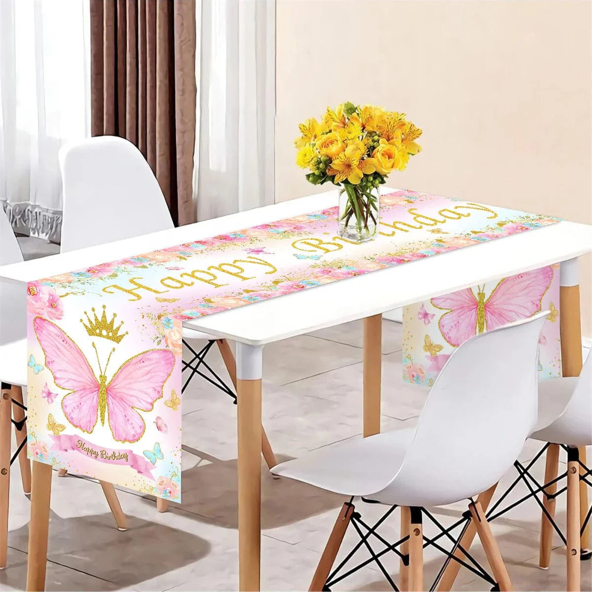 Showlu Black Gold Happy Birthday table runner made of polyester, perfect for birthday party decor for kids and adults.