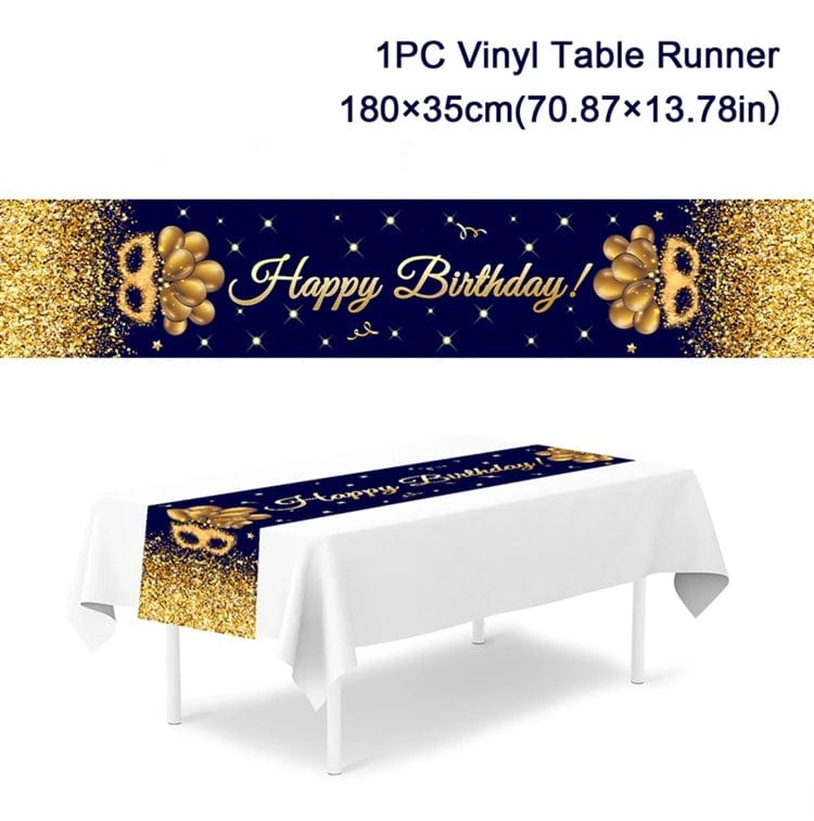 Black and gold Showlu birthday table runner made of polyester, ideal for kids or adults' party decor and celebrations.