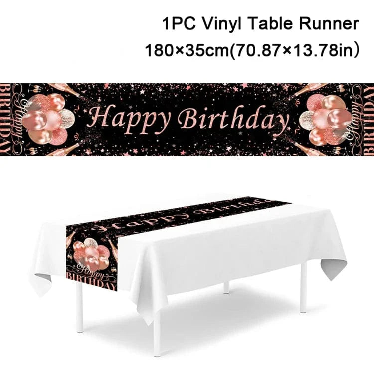 Black and gold Happy Birthday table runner made of polyester, perfect for birthday party decorations for kids and adults.