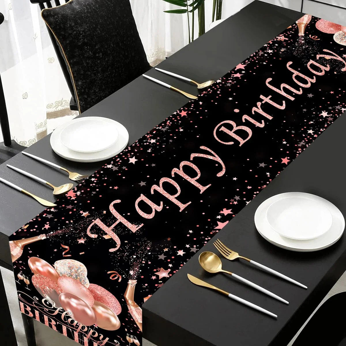 Black and gold Happy Birthday table runner made of polyester, perfect for birthday party decorations for kids and adults.
