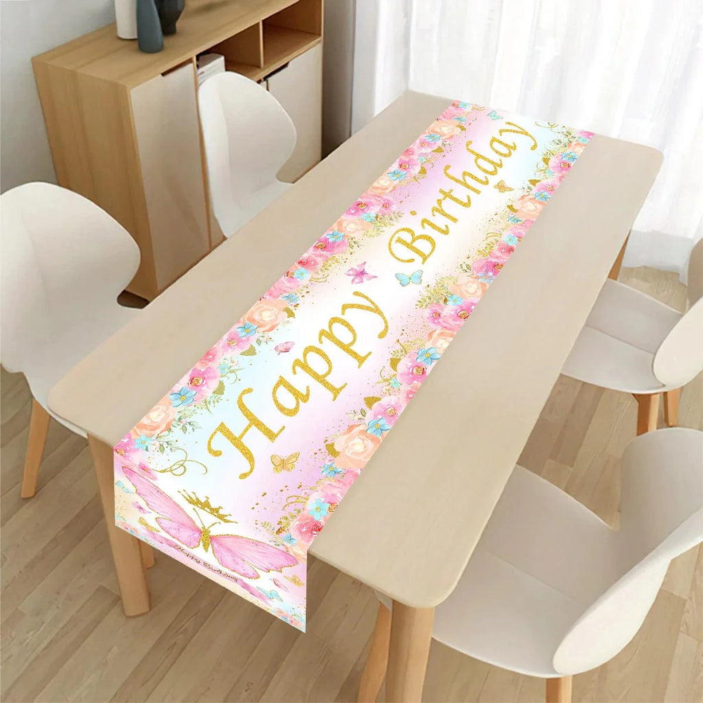 Black and gold Happy Birthday table runner by Showlu Fashion Store, polyester party decor for kids and adults' birthday celebrations.