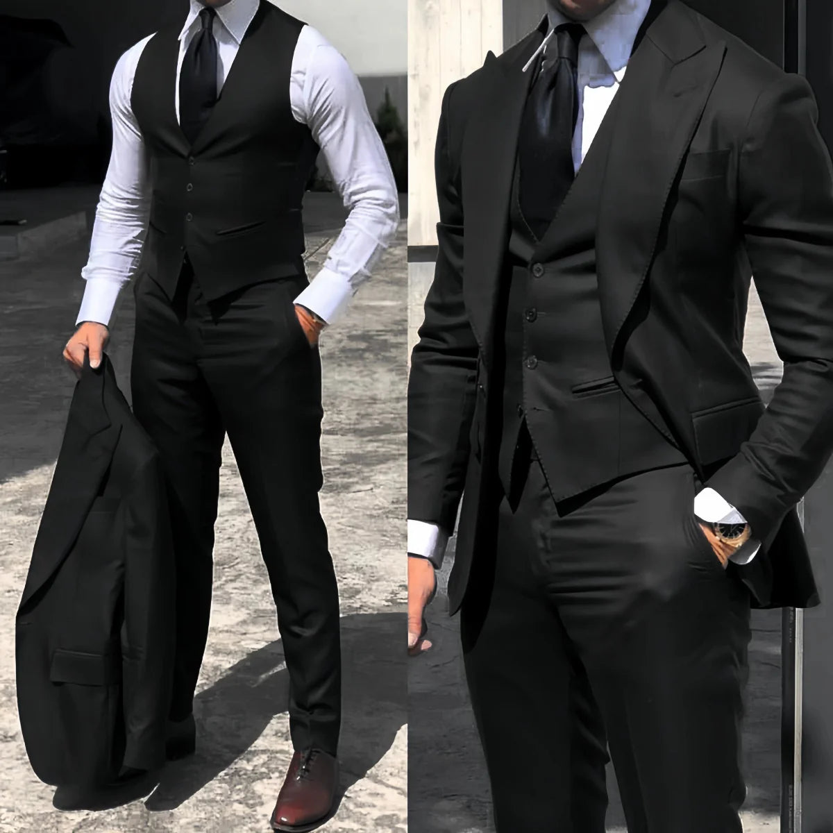 Black men's 3-piece slim fit suit with tuxedo jacket, vest, and pants, ideal for weddings and formal business occasions.
