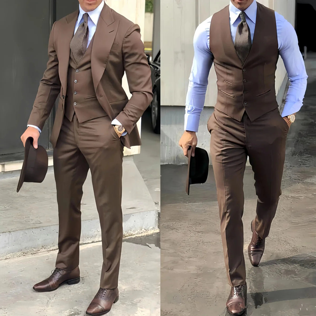 Black men's 3-piece slim fit suit with jacket, vest, and pants, ideal for business or wedding occasions, by Showlu Fashion.