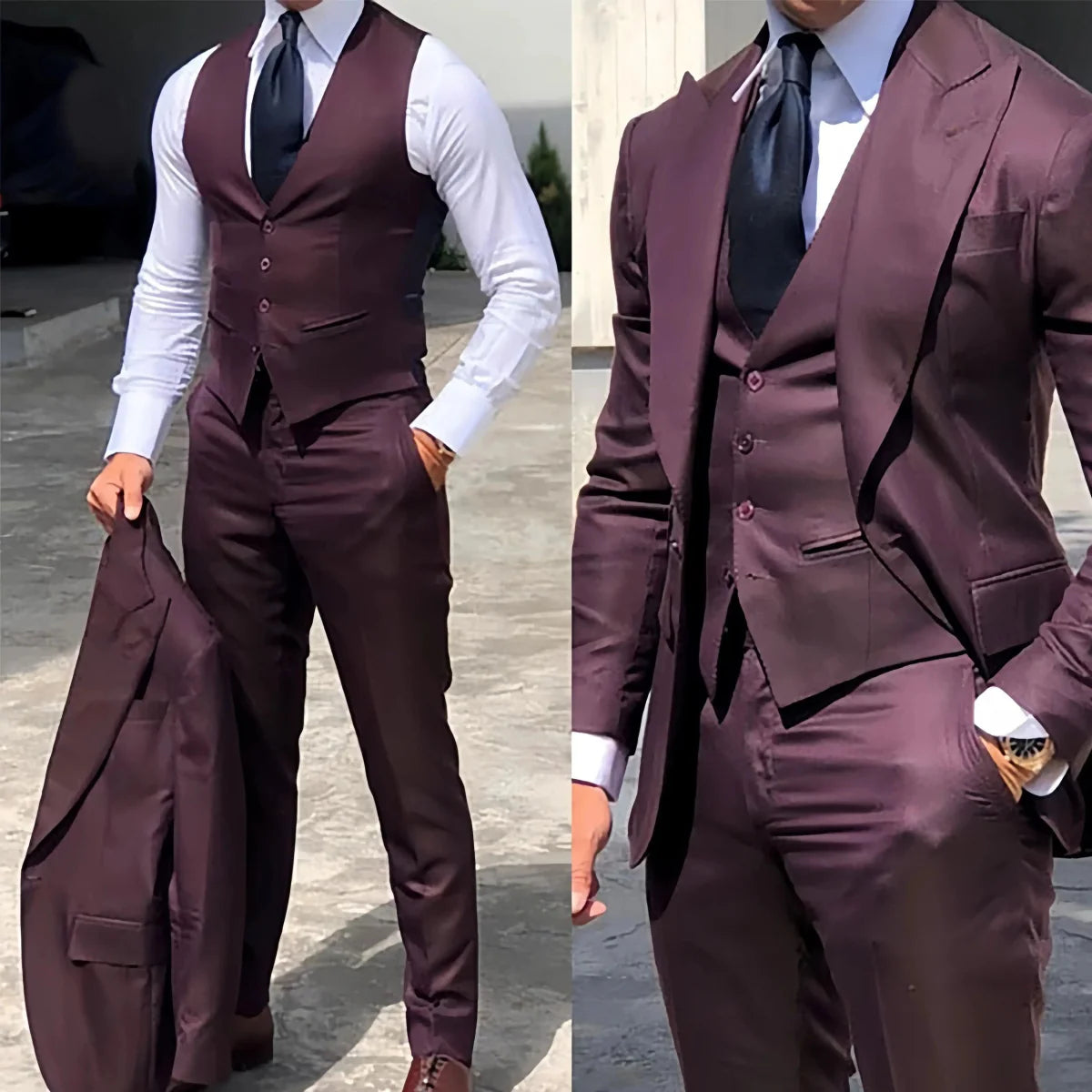 Black men's 3-piece slim fit suit with jacket, vest, and pants, ideal for business or wedding, from Showlu Fashion Store.