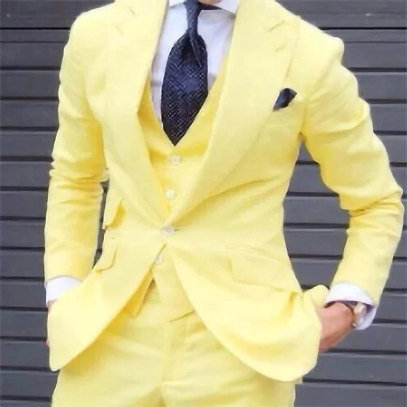 Black men's 3-piece slim fit suit with tuxedo jacket, vest, and pants, perfect for weddings and business occasions.