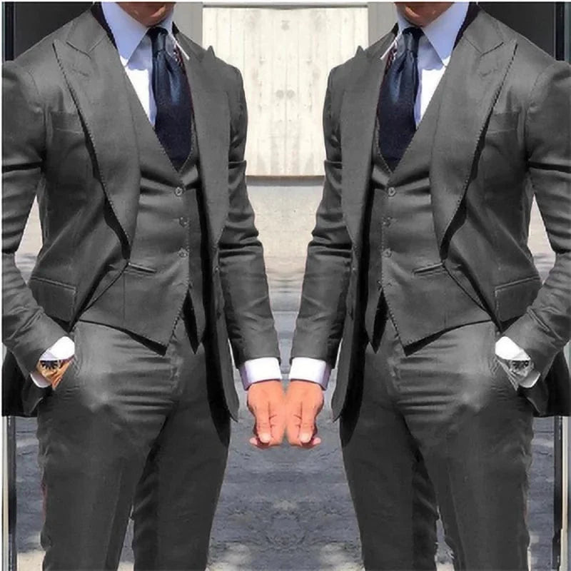 Black men's 3-piece slim fit suit including jacket, vest, and pants, ideal for wedding or business occasions, from Showlu Fashion.