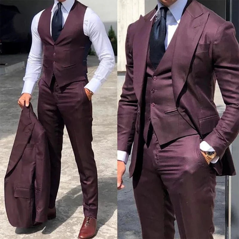 Black men's 3-piece slim fit suit with jacket, vest, and pants, perfect for business or wedding occasions, by Showlu Fashion.