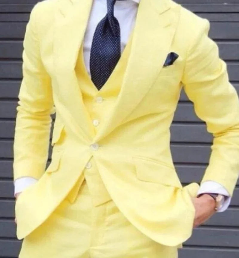 Black men's 3-piece slim fit suit with jacket, vest, and pants, ideal for weddings or business occasions, by Showlu Fashion.