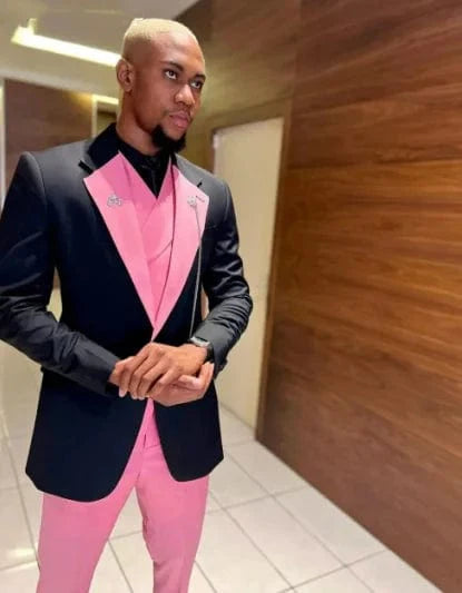 Black and pink men's 3-piece skinny fit suit with single-breasted blazer, stylish formal wear for wedding or prom occasions.